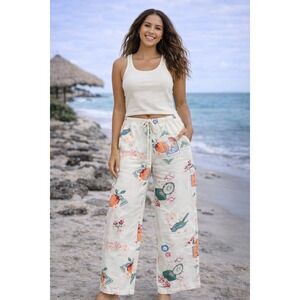 Cali 1850 Linen Blend Pants Size S‎ Vacation Print Elastic Waist Drawstring